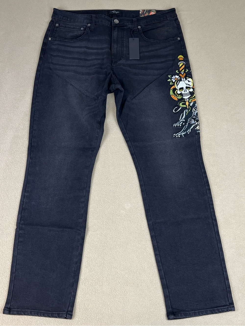Ed Hardy Denim Slim Fit Jeans, Black. Embroidered Skull & Dagger. Men's Sz 38